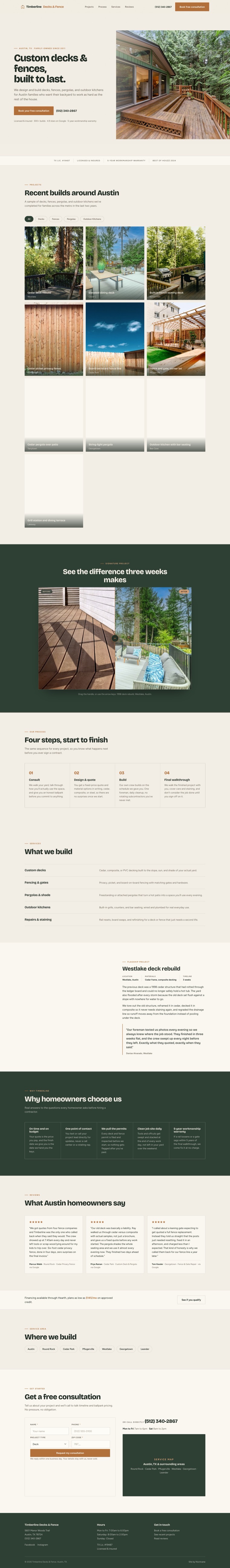 Timberline Decks and Fence website preview, a warm outdoor-craft homepage with project photography and a quote request.